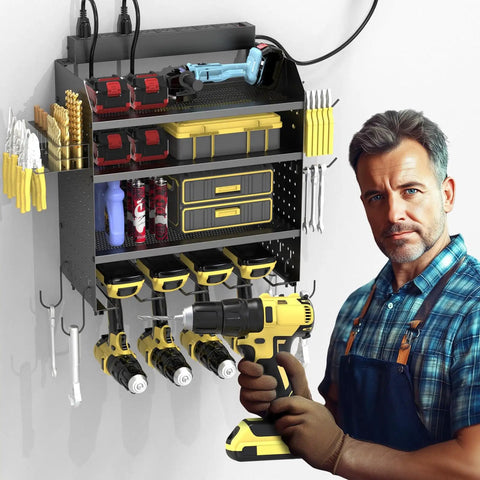 Heavy Duty Drill Wall Mount Power Tool Organizer With Eight Outlet Charging Station And Four Layer Carbon Steel Pegboard Rack With Four Drill Holders Supports Up To 190 Lb Ideal For Garage And Workshop displaying multiple tools.