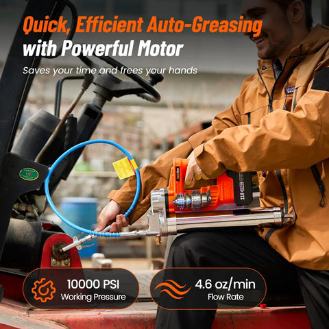 Person using Electric Grease Gun With 10,000 PSI High Pressure, 4.6 Oz Per Minute Flow, Battery Powered with Two 4.0Ah Batteries