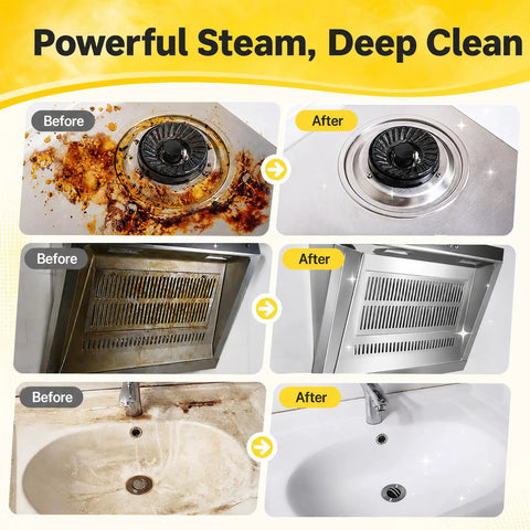 Before and after deep cleaning using Odsd Handheld Steam Cleaner With 3 Level Steam Control for kitchen appliances.