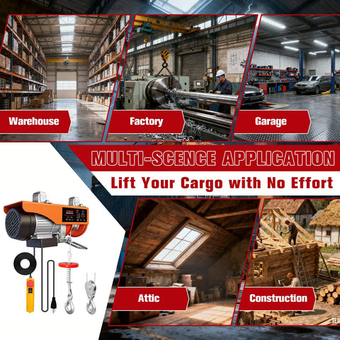 Beefy 1320 Lb Electric Hoist Winch 110V With Remote Control in warehouse, factory, garage, attic, and construction site