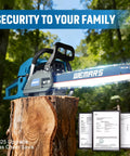 Gas Powered Chainsaw 62cc 20 Inch Chainsaw For Cutting Wood Trees And Branches on log, sunny forest background