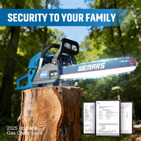 Gas Powered Chainsaw 62cc 20 Inch Chainsaw For Cutting Wood Trees And Branches on log, sunny forest background