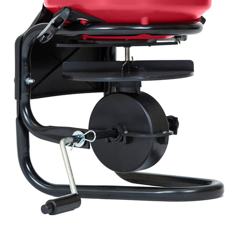 Pro Grade Chest Mount Hand Crank Spreader With Even Spread Technology 40 Lb Hopper focus on crank mechanism and hopper base