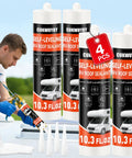 Four Pack Top Shelf Waterproof RV Roof Sealant High Flow Self Leveling Camper Adhesive on a roof during application.