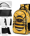 Golden Bloom Bumblebee Printed Unisex Backpack With Large Capacity For School And Travel Durable Polyester Build Breathable Design Smooth Zipper Go To Everyday Carryall with handle, shoulder strap, double zipper, and side pockets detailed view.
