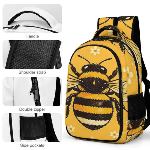 Golden Bloom Bumblebee Printed Unisex Backpack With Large Capacity For School And Travel Durable Polyester Build Breathable Design Smooth Zipper Go To Everyday Carryall with handle, shoulder strap, double zipper, and side pockets detailed view.