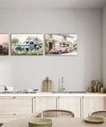 Farmhouse Style Truck Wall Art Set Of 3, Rustic Old Truck Canvas Prints With Floral Accents, vintage decor in kitchen setting