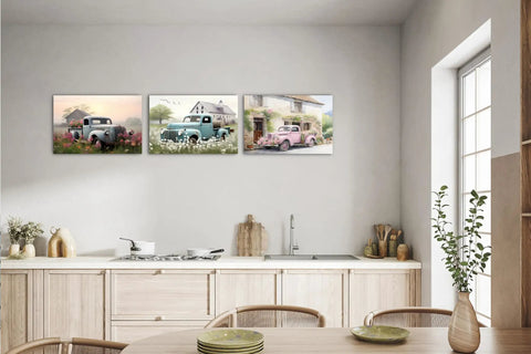 Farmhouse Style Truck Wall Art Set Of 3, Rustic Old Truck Canvas Prints With Floral Accents, vintage decor in kitchen setting