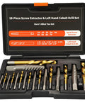 18 Piece Screw Extractor Set With Left Hand Drill Bits For Removing Broken Bolts And Stripped Screws Pro Grade Heavy Duty HSS Steel Cobalt Kit in open case