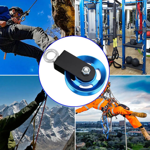 Beefy Aluminum Cable Pulley Wheel Set With Hanging Strap And Snap Hook, 3.5 Inch Snatch Block Rotates 360 Degrees, Heavy Duty Home Gym And DIY Pulley System, Blue, shown with climbing and gym use