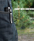 EDC Rechargeable Flashlight TS25 With 4000lm Output clipped to a jeans pocket, showcasing portability for outdoor adventures.