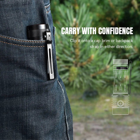 EDC Rechargeable Flashlight TS25 With 4000lm Output clipped to a jeans pocket, showcasing portability for outdoor adventures.