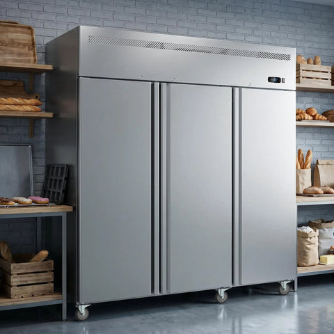 Heavy Duty Stainless Steel Three Door Commercial Freezer 54 Cubic Foot Reach In Upright Unit with visible bakery items nearby.