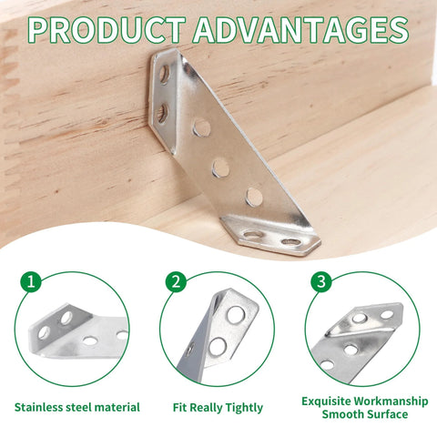 Heavy Duty Stainless Steel Triangle Corner Connectors Set Of 10 With Pre Drilled Holes And Included Screws Installed on Wood