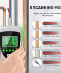 No Sweat Stud Finder And Wall Scanner With Hd Lcd Display showing 5 scanning modes for wood, metal, pipe detection and calibration.