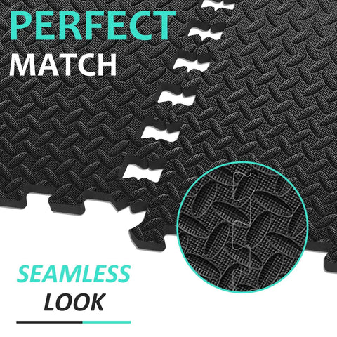 Close-up of black Interlocking 12 Tile Exercise Mat Set For Your Home Gym Setup With 24 By 24 Inch EVA Foam Flooring Puzzle Mats