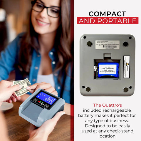 Compact and portable Fast Automatic Currency Counter And Counterfeit Detector with UV MG IR Sensors on countertop