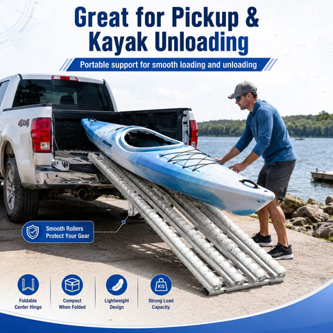 Heavy Duty 6.6ft Foldable Steel Roller Conveyor Table For Warehouse Shipping And Cargo Unloading With 12 Inch Width Gravity Slide System, loading kayak from pickup.