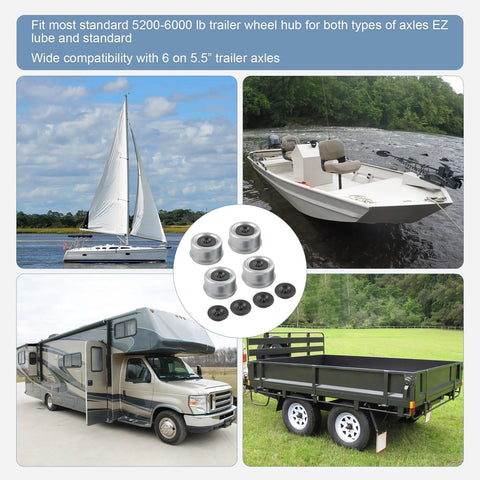 Four Pack 2.46 Inch Trailer Hub Bearing Dust Caps With Extra Rubber Plugs For Most 5200 To 6000 Pound Axles, center image.