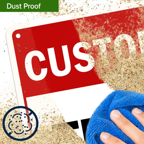 Custom Biz Sign 7x10 Inches Aluminum Sign For Indoor Outdoor Rust Free Fade Resistant 0.040 Aluminum Thickness With Pre Drilled Holes 3M EGP Reflective For Maximum Visibility Made In USA dust proof sign being wiped with blue cloth