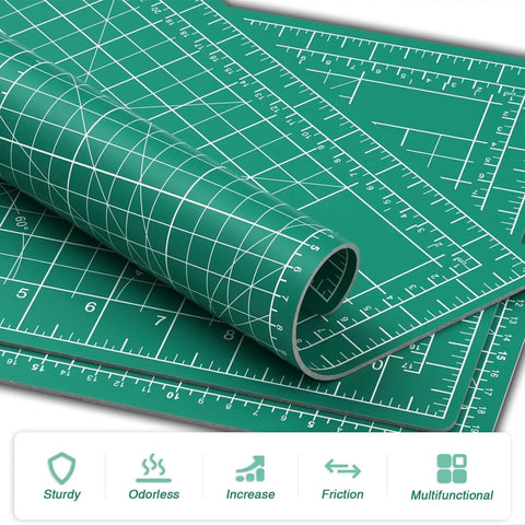Green cutting mats stacked; feature Cutting Mat 12 By 18 Inch Self Healing Double Sided For Sewing And Quilting Fabric Cutting Mat For Crafts