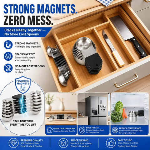 Heavy Duty Measuring Cups And Spoons Set With Strong N52 Magnets, 304 Stainless Steel Kitchen Tools, 15 Piece Round Set With Leveler For Baking And Cooking, BPA Free, Fits In Spice Jars, stacked in drawer