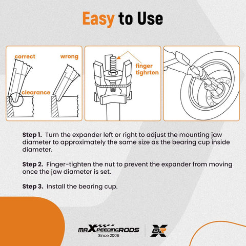 Diagram showing steps for using the Universal Bearing Cup Installer And Remover For Heavy Duty Axles Fits 11000 To 50000 Lb Trucks And Trailers