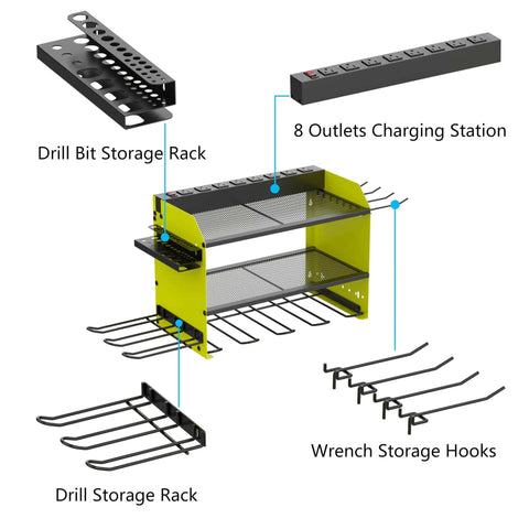 Wall Mounted Drill Storage Rack With Charging Station And Drill Holder, Power Tool Organizer For Garage And Workshop, Holds 4 Drills, 8 Outlet Power Strip, Drill Bit Organizer, Green Three Layer, showing drill storage, bit rack, outlet station, and wrench hooks.