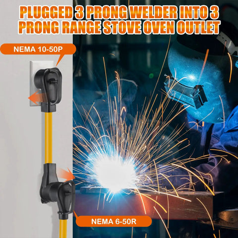 10 Foot 50 Amp Welder Adapter Cord From 10 50P Male To 6 50R Female For Welding Machines And Plasma Cutters connected to outlet