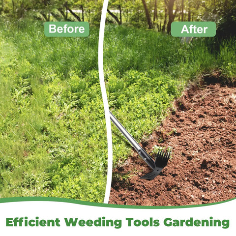 Long Handle Weed Puller Tool 60 Inch 2 In 1 Weed Rake And Hoe showing before and after weeding results on lawn and garden