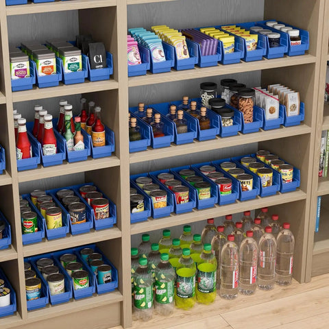 Heavy Duty Plastic Shelf Bins For Garage, Closet And Drawer Organization, 12 By 4 By 4 Inches, Blue, 24 Pack, Tough As Nails Storage Caddies For Shelves And Cabinets filled with various items on wooden shelves.