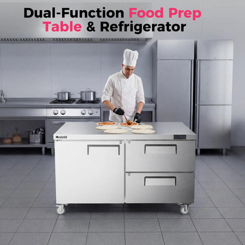 Sixty Inch Wide Commercial Undercounter Refrigerator With Drawer Door Combo Fifteen Point Three Cubic Feet Stainless Steel Worktop Fridge in kitchen with chef preparing food.