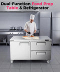 Heavy Duty 60 Inch Commercial Worktop Undercounter Refrigerator With Dual Drawer Door Setup And Six Pan Stainless Steel Prep Cabinet in kitchen scene.