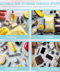 Assorted items for toiletry, snacks, cosmetics, and personal items organized on a table surface in separate sections.