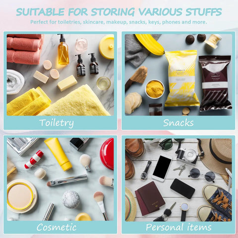 Assorted items for toiletry, snacks, cosmetics, and personal items organized on a table surface in separate sections.