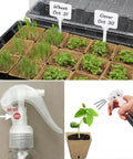 Seed Starter Kit With 100 Peat Pots, 5 Plastic Trays showing seedlings, labels, sprayer, and growth stage marker for indoor garden.