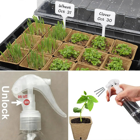 Seed Starter Kit With 100 Peat Pots, 5 Plastic Trays showing seedlings, labels, sprayer, and growth stage marker for indoor garden.
