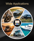 Solid Car Fuses Assortment Kit With Standard And Mini Blade Fuses Ranging From 2A To 40A showcased with various vehicles and fuse organizer.