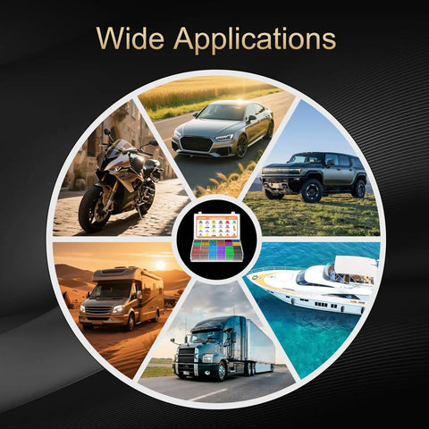 Solid Car Fuses Assortment Kit With Standard And Mini Blade Fuses Ranging From 2A To 40A showcased with various vehicles and fuse organizer.