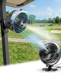 Golf Cart Misting Fan With 12000mAh Battery, Magnetic Mounts, Secure Strap; outdoor use, 4 speeds, misting on a golf course.