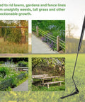 36 Inch Grass Whip With Double Edged Serrated Blade For Tall Grass And Overgrown Weeds Manual Yard Work Tool Swing Blade Weed Cutter For Yards Ditches Forests And Fields displayed with garden and fence scenery