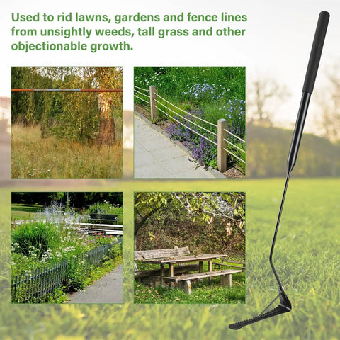 36 Inch Grass Whip With Double Edged Serrated Blade For Tall Grass And Overgrown Weeds Manual Yard Work Tool Swing Blade Weed Cutter For Yards Ditches Forests And Fields displayed with garden and fence scenery