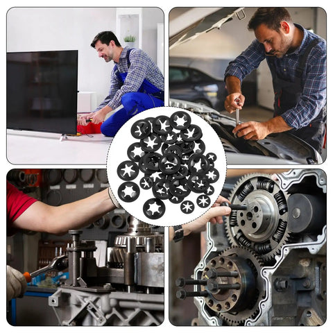 Internal Tooth Star Lock Washers 50 Pcs Set In 5 Sizes With Push On Speed Clips Built To Last Carbon Steel With Black Anodized Finish For Strong Spring Tension And Secure Fastening installed in automotive and workshop use