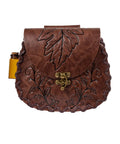 Vintage Brown Faux Leather Medieval Belt Pouch Featuring Carved Elven Leaf Details with floral design and clasp.