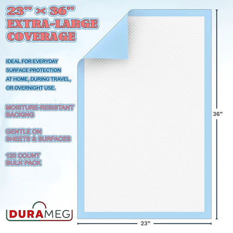 Heavy Duty Disposable Underpads 23X36 Inch 120 Pack With Sap Absorbency For Incontinence Or Puppy Training showing size and moisture-resistant backing.