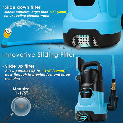 Beast Of A 1HP 750W Submersible Sump Pump With Sliding Filter For Clean And Dirty Water, highlighting filter mechanism.