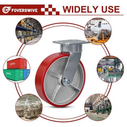 Built Like A Tank 8x2 Heavy Duty Casters Pair Kingpinless Polyurethane Wheels with metallic finish in a workshop setting.