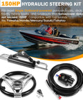 Upgrade Your Boat With A 150HP Hydraulic Outboard Steering Kit For Boats Featuring Electroplated Steering Wheel Helm Pump Hydraulic Cylinder 26 Ft PU Hoses Fits Most Single Outboard Powered Boats Up To 150 HP, showing steering components and a boat on water.