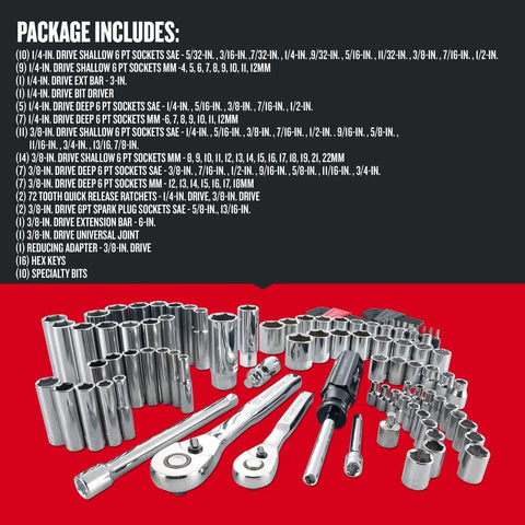 Heavy-Duty 105-Piece Socket Set With One Quarter Inch And Three Eighths Inch Drives Pro Grade Sockets Standard And Metric