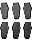 Set of 6 Gothic Black Cast Iron Coffin Drawer Pulls, each 2.5 inches long and 1.5 inches high, ideal for dark decor and gothic style.